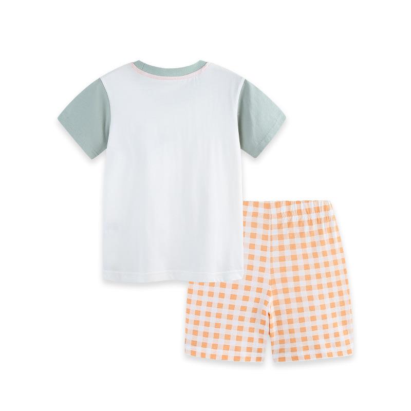 Cartoon Dinosaur Print Short Sleeved Set Summer New Plaid Shorts Set Kid Clothing