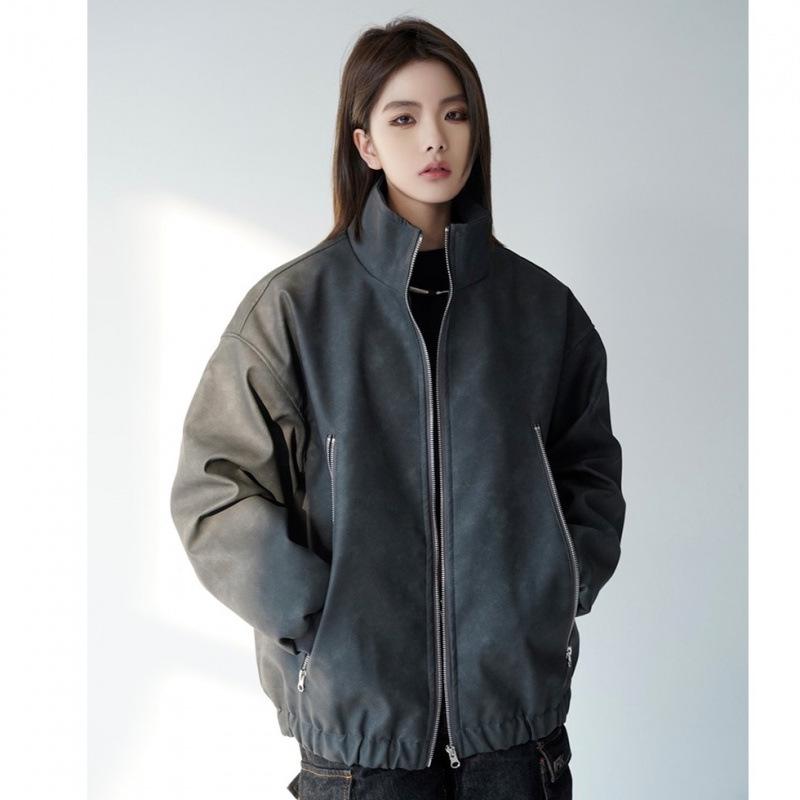 Unisex Distressed PU Leather and Cotton Retro Jacket - Women's 2024 Quilted Winter Coat