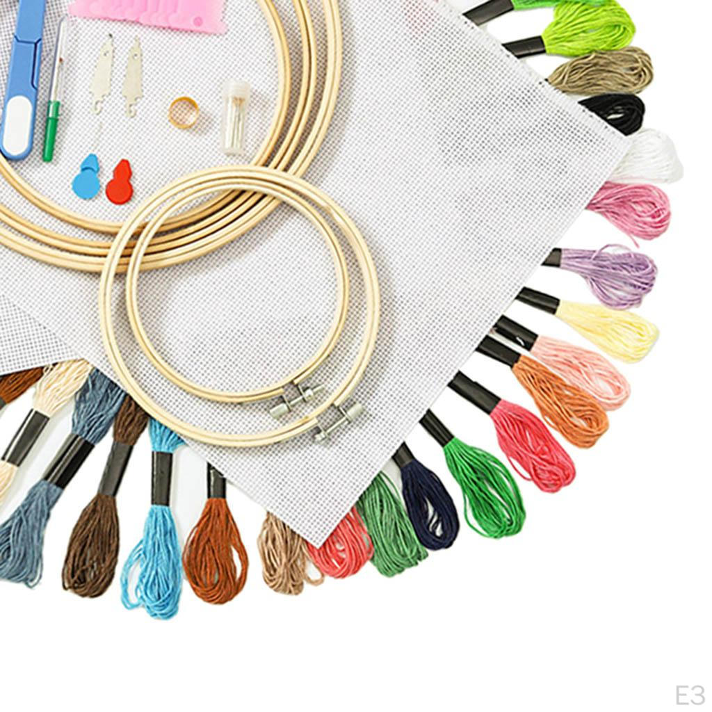 of Embroidery Starter Kit Including Instructions, Bamboo Hoops, Color Threads, Cloth, and