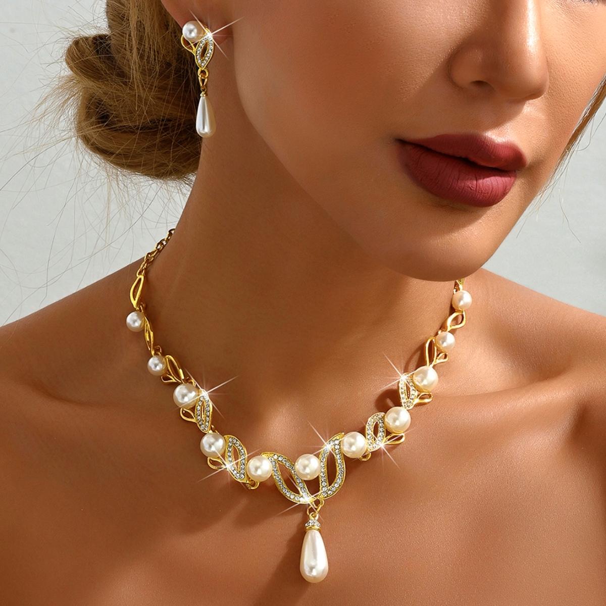 

3PC Женская мода тренд жемчужные капли ожерелье серьги комплект ювелирных изделий свадьба банкет вечеринка фестиваль подарок Gold