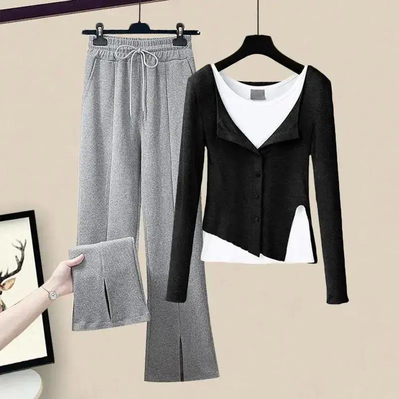 Women's Suit Spring and Autumn Gray Fake Two-piece Blouse, Bottoming Shirt, Split Wide-leg Casual Pants, Three-piece Suit for Women