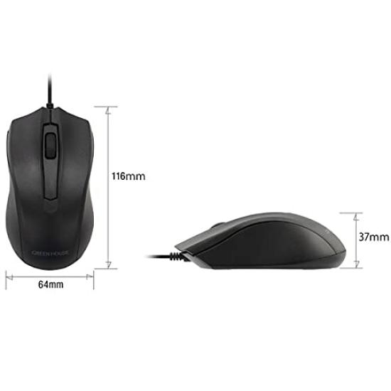 Green House Wired Mouse with Silent Buttons for Quiet Black Clicks, (GH-MUDQOA-BK)