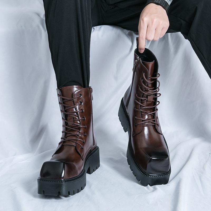 Korean Version Men's Classic Thick Soled Non Slip Comfortable High Top Boots Autumn Lace Up Business Casual Leather Boot