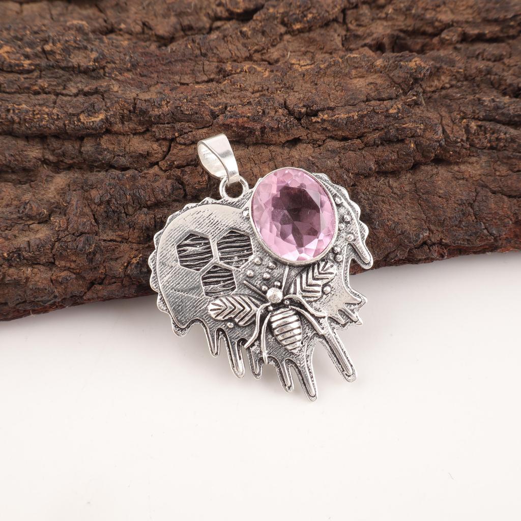 Morganite Pendant, Handmade Gemstone 925 Solid Sterling Silver Pendant Antique Jewelry, For Wedding Gift