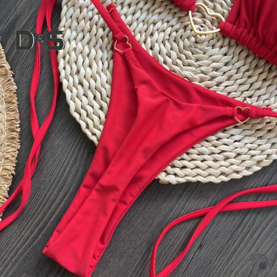 2Pcs/Set Women Bikini Set Heart Metal Buckle Halter Lace-up Swimsuit with Briefs Set Quick Drying Beachwear