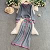Autumn Winter Women Casual Knitted Sweater Two Piece Set V-neck Pullover Tops and Long Maxi Big Swing Skirt Suit