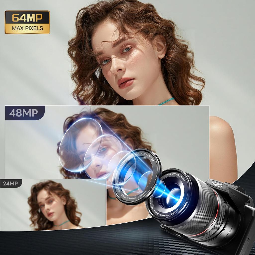 NBD 8K 64MP Digital SLR Camera [Wi-Fi and App Control] 16x Optical Zoom with Autofocus and Image Stabilization  180° Flip-Out Screen & Webcam