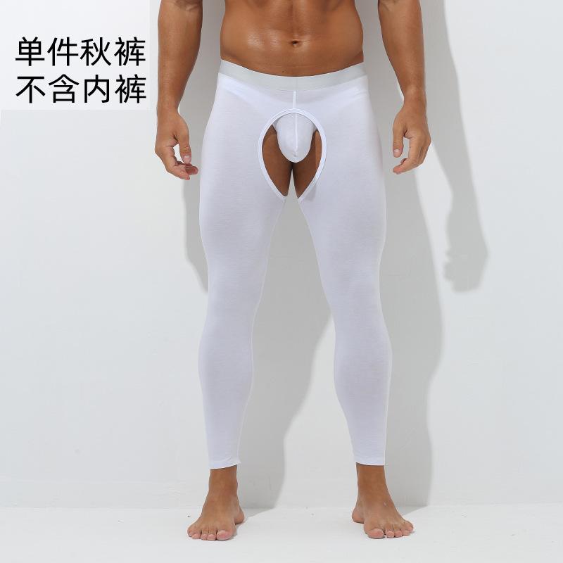 Men Sexy Thermal Underwear Bottoms Gay Open Front Lingerie Leggings Crotchless Nightwear Tights Slim Fit Stretchy Long John Pant
