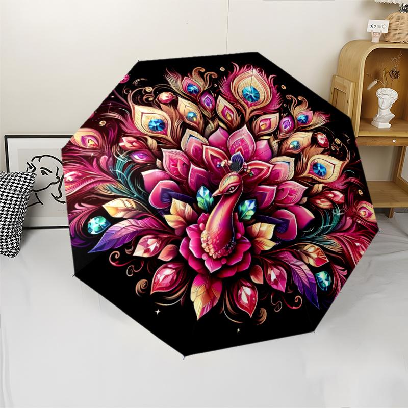 Windproof Portable Automatic Folding Umbrella with Peacock Feather & Gemstone Embroidery, 8-Rib, Plastic Handle