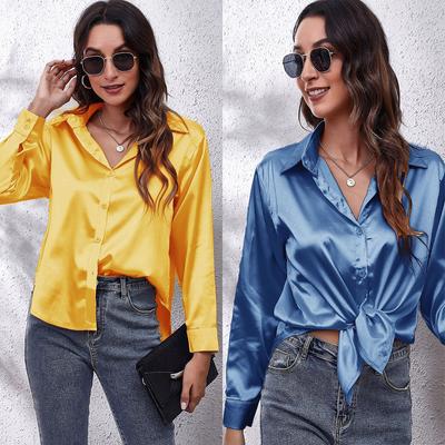 Spring Autumn Satin Blouse Imitation Silk Long Sleeve Shirt for Women's Solid Black White Plus Size Loose Tops