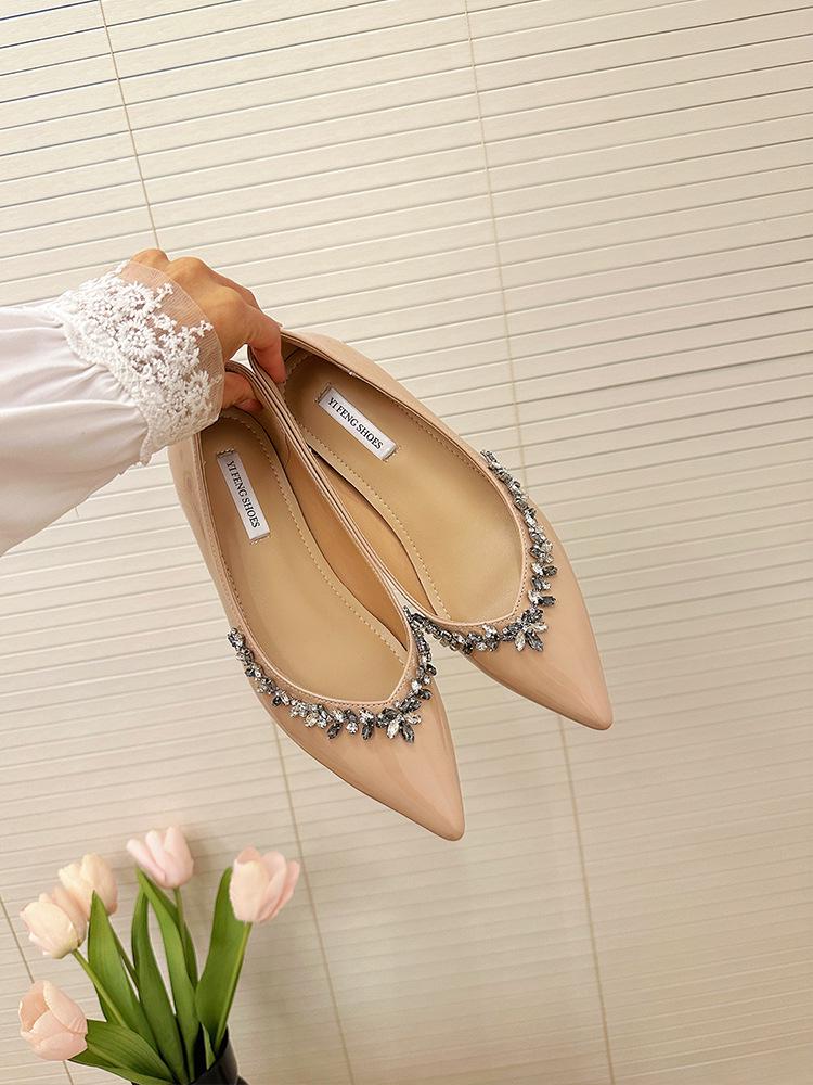 Pointed Toe 5cm Height-Increasing Nude Rhinestone and Black Patent Leather Flats