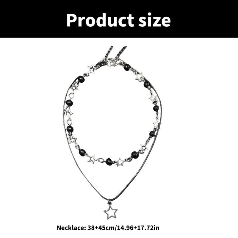 Fashion Double Layered Black Bead Star Choker Necklace Punk Pentagram Leather Rope Necklaces For Women Girls