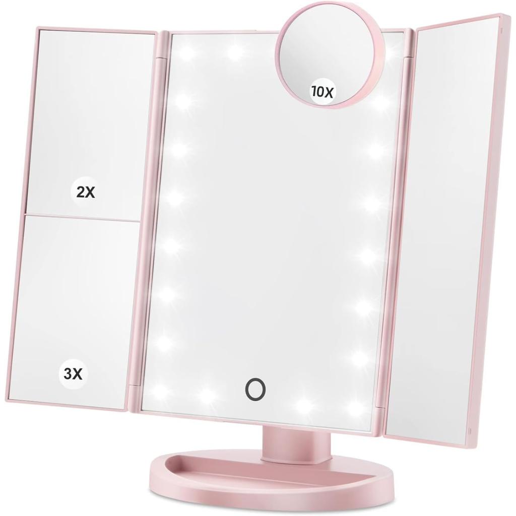 Schminkspiegel mit LED-Lichtern, 3-fache Vergrößerung, Touch-Steuerung, Tragbares faltbares Design, Batterie- und USB-betrieben (Rose
