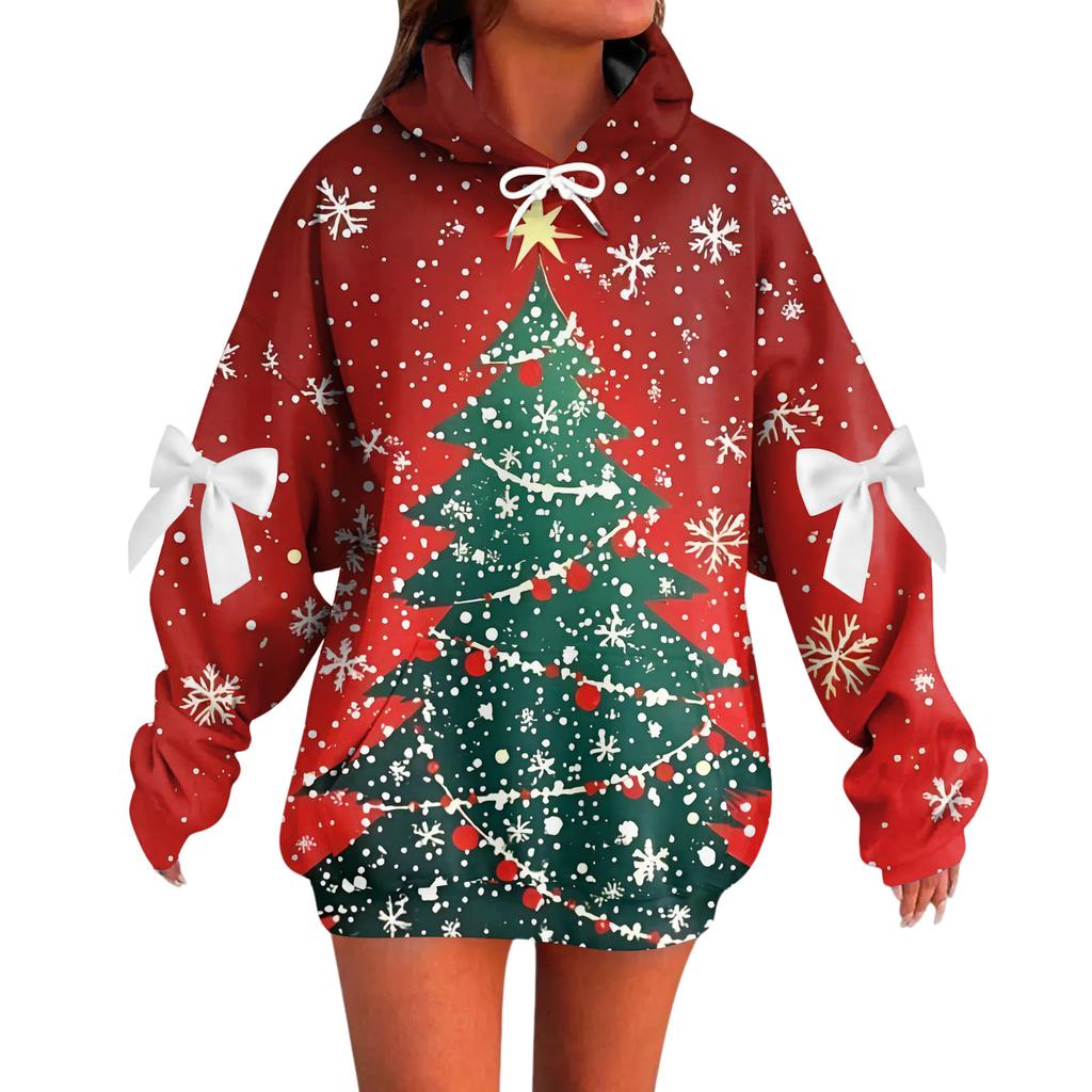 Ladies' Christmas Printed Bow Long Sleeved Loose Fitting Headband With Rope Hooded Sweatshirt Top