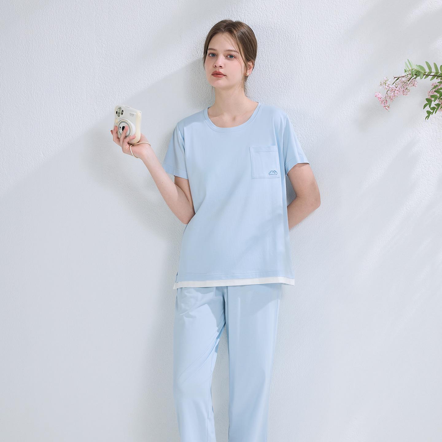 Spring-Summer Women s Embroidered Lenzing Modal Cotton Pajama Set with Chest Pads XXL