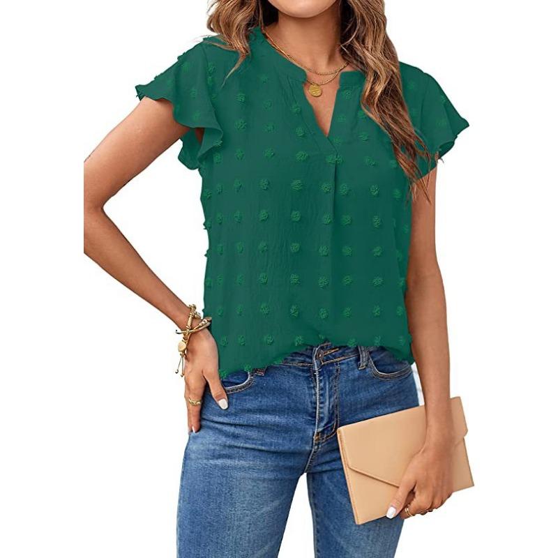 GMXIA Women's Fashion Casual Leisure Summer Solid Color Print Short Sleeve V-Neck Blouses & Shirts