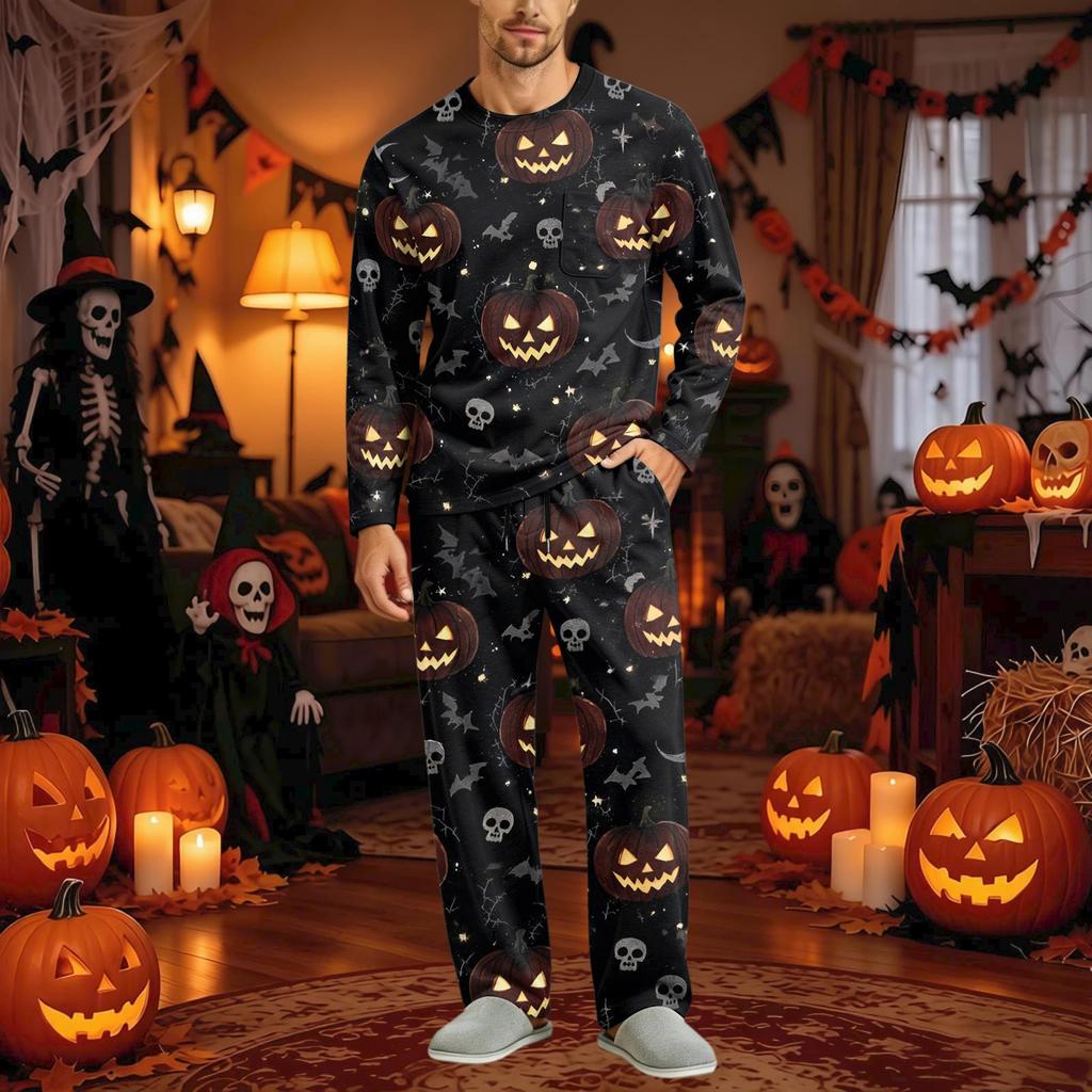 Men's Halloween Pajama Set Long Sleeve Long Pants with Crotch Buttons and Elastic Drawstring Waist