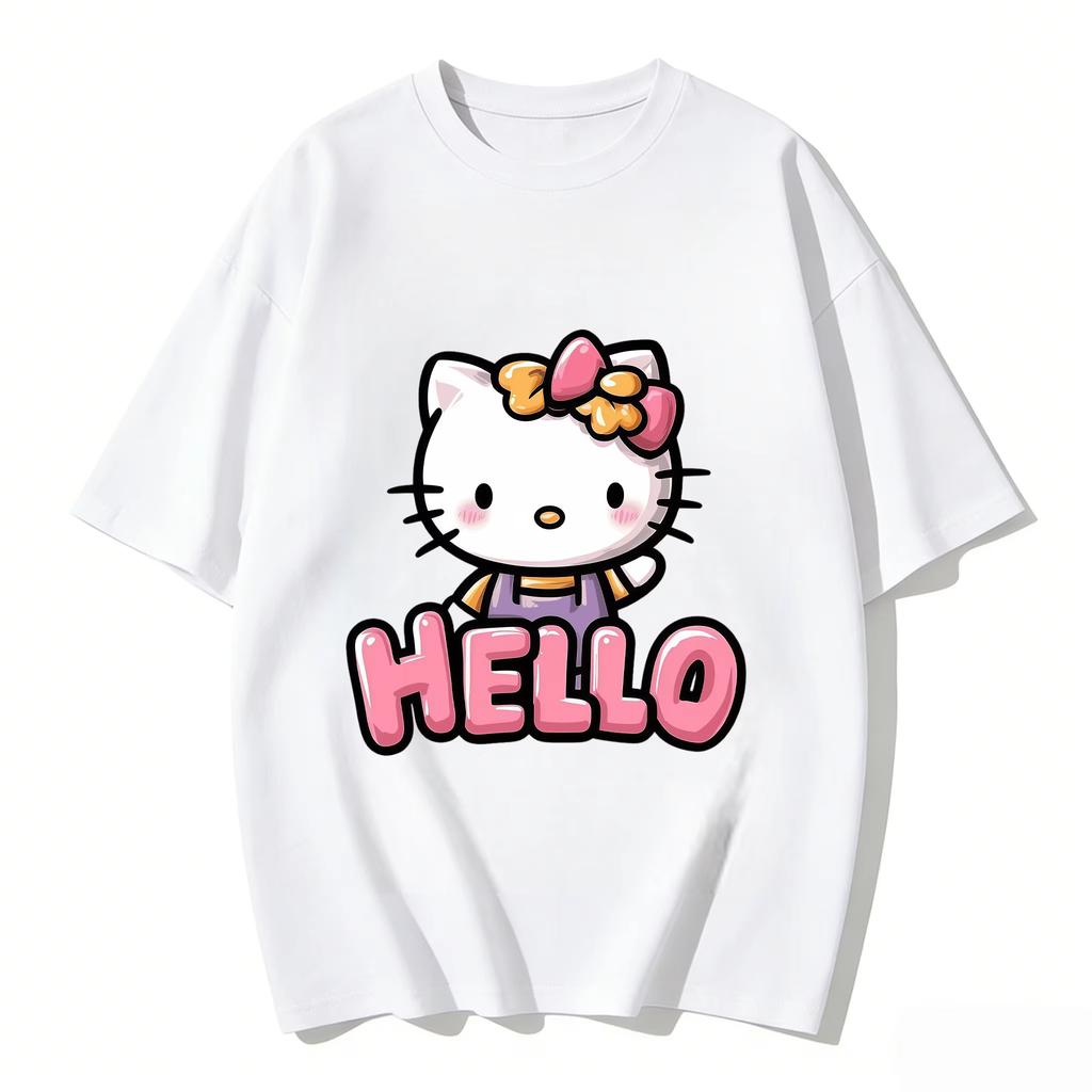 2026 New Summer Cute HelloKitty TShirts Soft Cotton Short Sleeve Tees for Parents Kids Breathable Casual Daily Outfit Tops