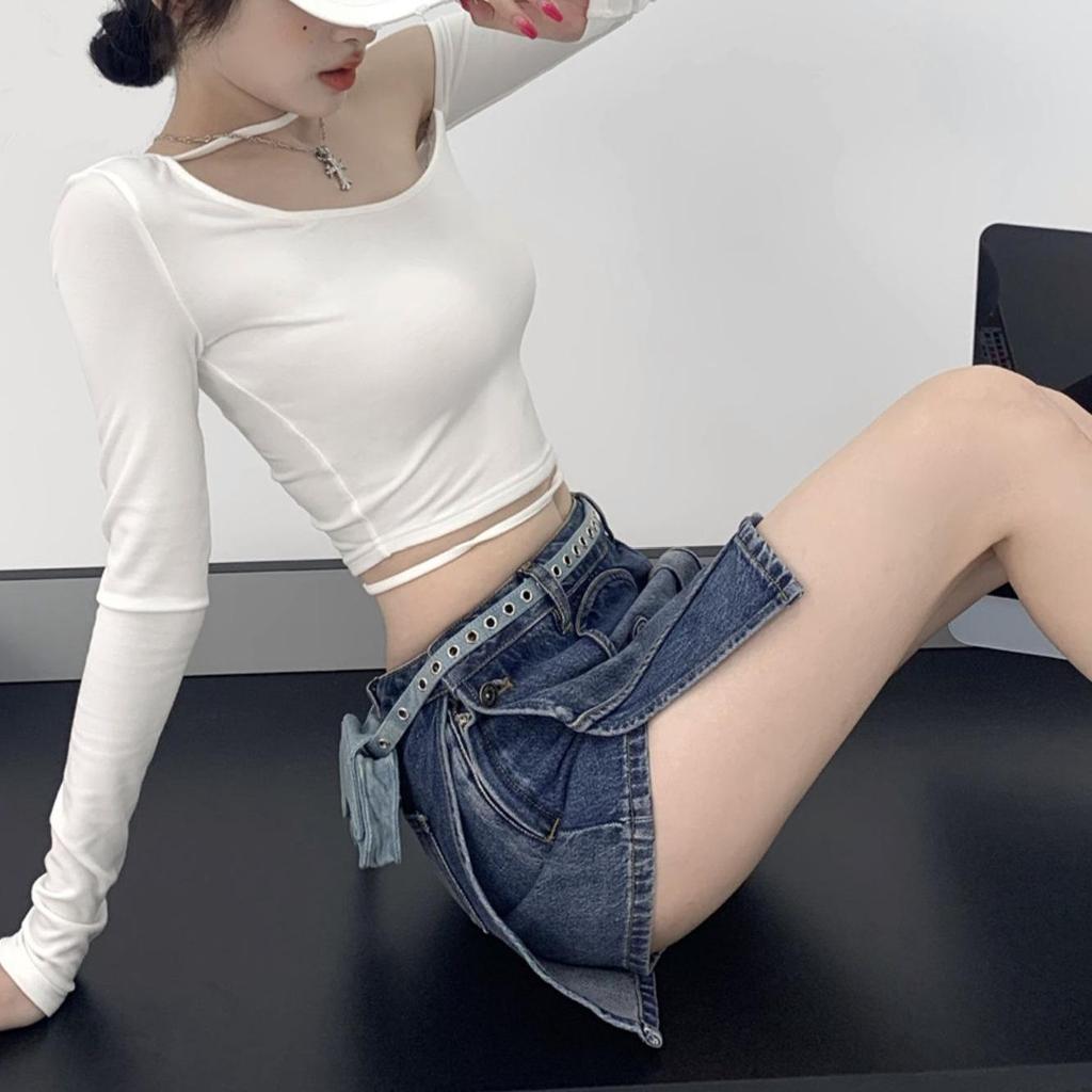 Niche Autumn Women's One-Shoulder Halter Crop Top - Long Sleeve, Slim Fit, Strappy Design