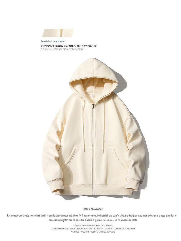 2024 American Hong Kong Style Solid Color Long Sleeve Cardigan Hoodie Sweatshirt