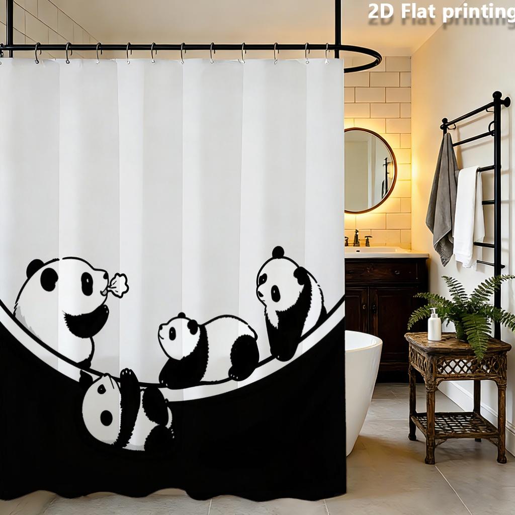Panda Family Shower Curtain 1Pc Polyester 2D Flat Print 70.8X70.8" Black White Illustration Grommet Top