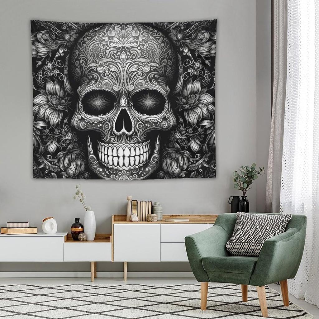 Wandbehang Schwarz-Weiß Totenkopfmuster Wandteppich für Schlafzimmer 50"x60" Vintage Wandteppiche Veranda Hängender Hintergrund Wandposter