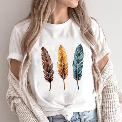 (Tamaño asiático) Camisetas de Manga Corta con Estampado Pluma Estilo Vintage Ropa Casual de Moda para Mujer Camiseta Femenina Top Camiseta Gráfica