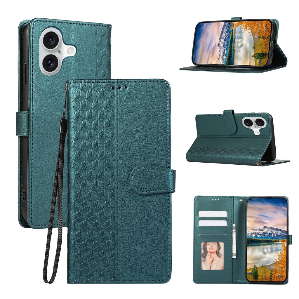 For iPhone 16 Case 3D Rhombus Grid Imprinted Wallet Leather Phone Cover with Lanyard