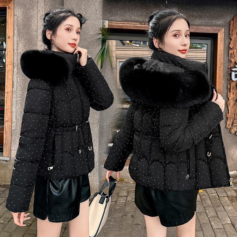 Sparkling down cotton-padded clothes women's winter big fur collar waist thin cotton-padded clothes jacket foreign style short small cotton-padd