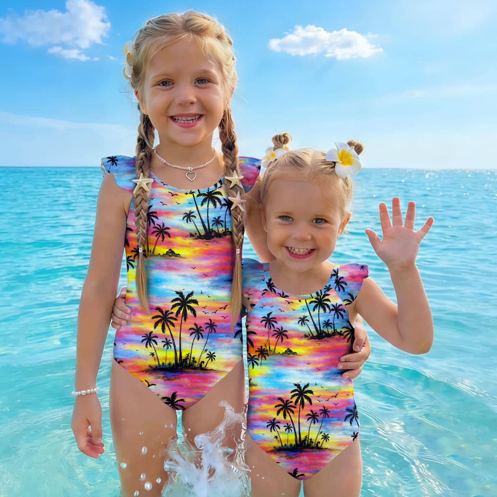 

Girls One Piece Swimsuit Summer Hawaiian Print Swimwear Kids Casual Fashion Ruffle Sleeve Beachwear Bathing Suit for Children 110