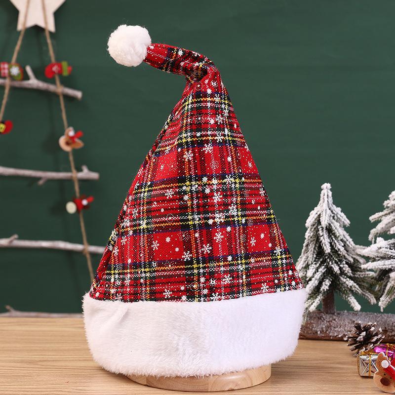 Red & Black Plaid Snowflake Santa Hat with Large Pom-Pom - New Christmas Decorations Set