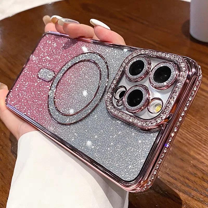 Luxury Gradient Diamond Magsafe Case for iPhone 17 Pro Max 17 Air Plating Soft Cover for iPhone 16 15 14 13 12 11 Pro Max 16 Plus