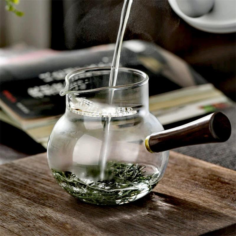 500ml Side Wooden Handle Glass Teapot With Crescent Filter Brewing Green Tea Pot Household Tea Maker Kung Fu Tea Set Teaware
