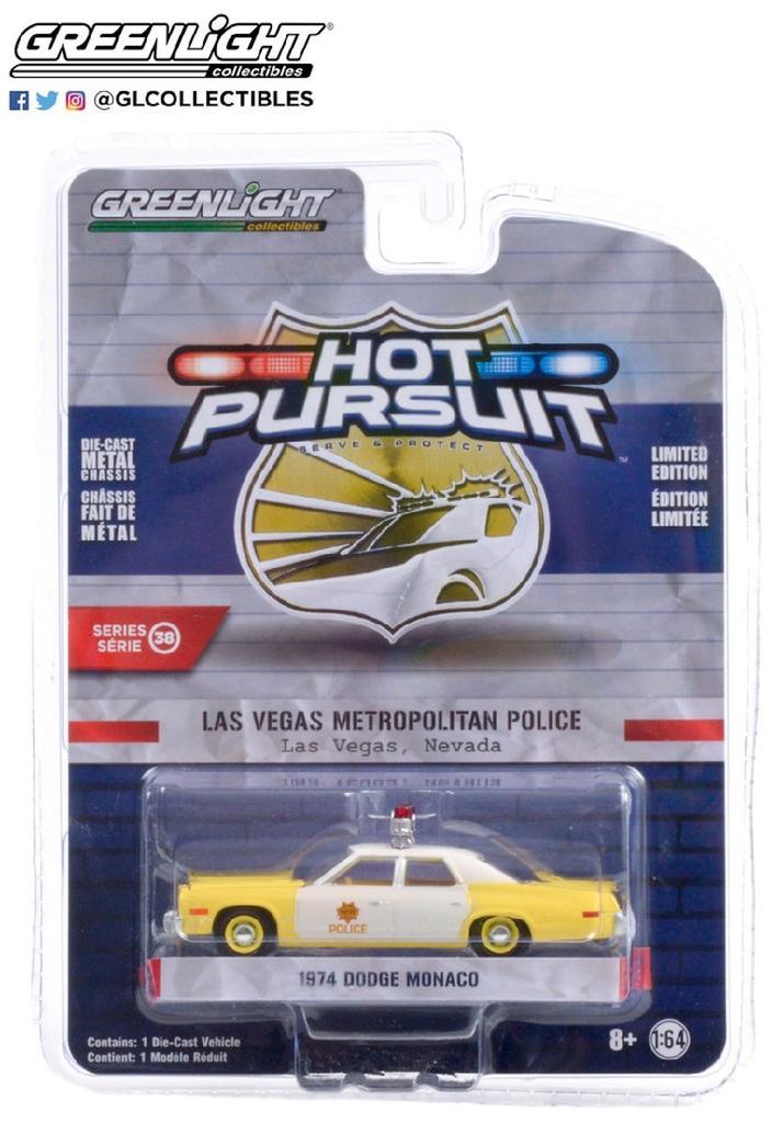 [POUŽITÉ] Greenlight Měřítko Dodge Monaco 1974 Policie Las Vegas Horká honička Kovový model auta 1/64