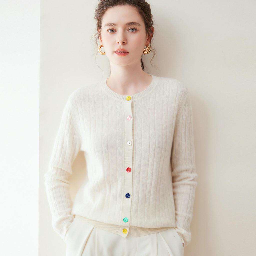 Kangsai Ni 100% Pure Cashmere Women's Slimming Round Neck Cardigan Sweater for Autumn/Winter