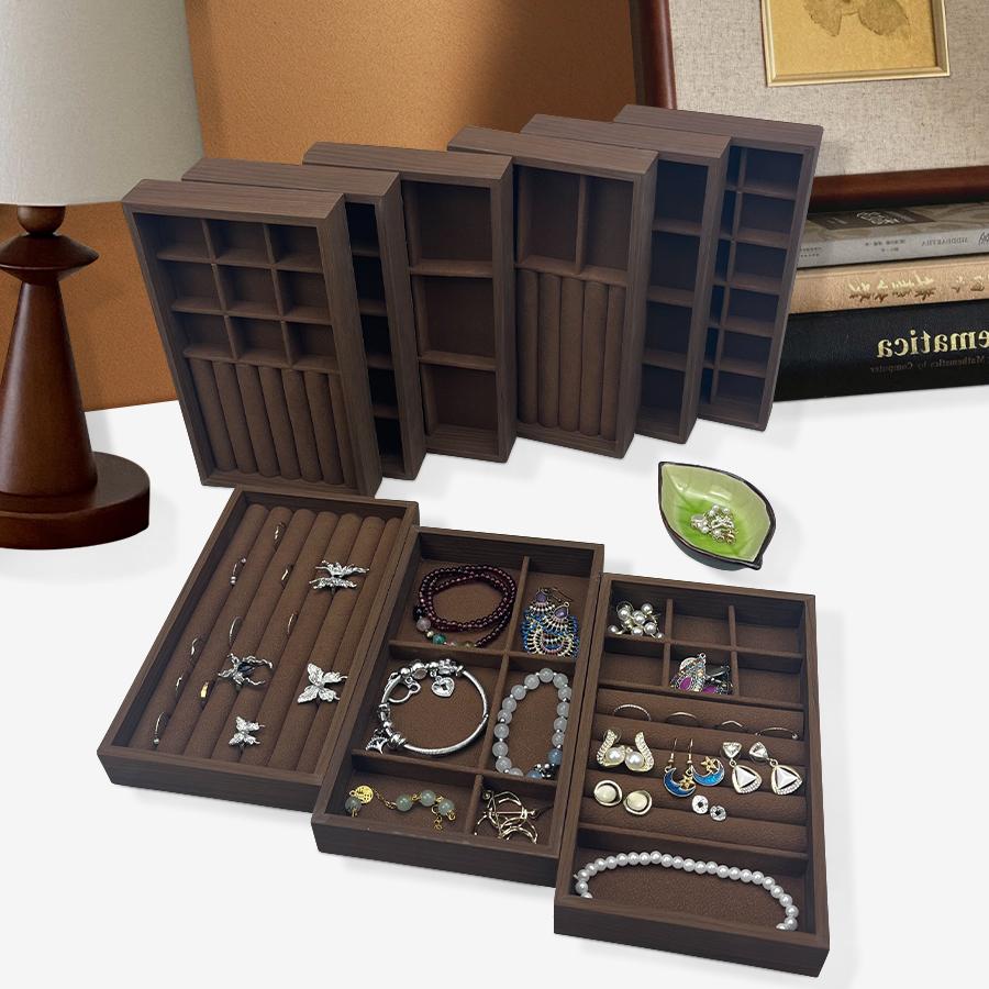 1 szt., Pudełko na biżuterię wzorzyste orzech, Taca na biżuterię, Odpowiednie do przechowywania naszyjników, pierścionków, kolczyków i kolczyków wkręcanych