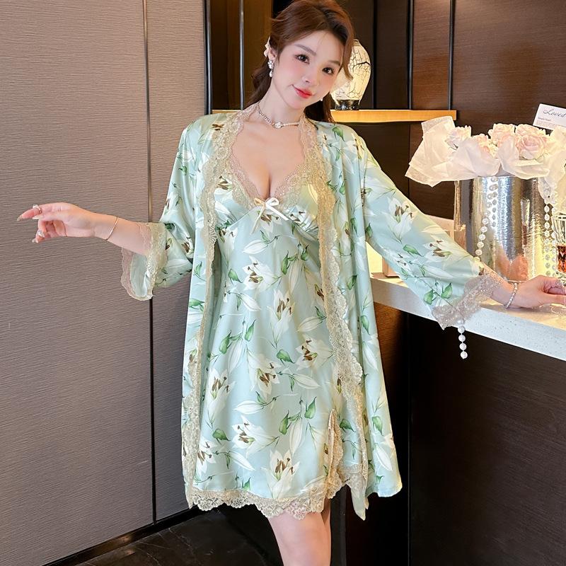 Spring and Summer Ladies Pajamas Printed Lily Ice Silk Pajamas Sexy Lace Suspender Loungewear