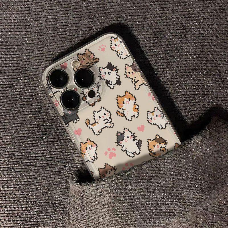 Transparent Shockproof Phone Case for IPhone 17 16 15 14 13 12 11 Pro Max IPhone 16 15 14 Plus Adorable Pixelated Kittens
