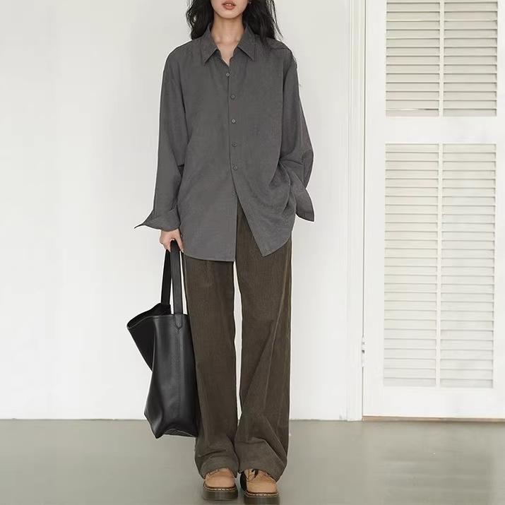 Smoke Gray Temperament Shirt, New Women's Light Luxury High-end Spring Simple Lazy Style Loose Inner Shirt