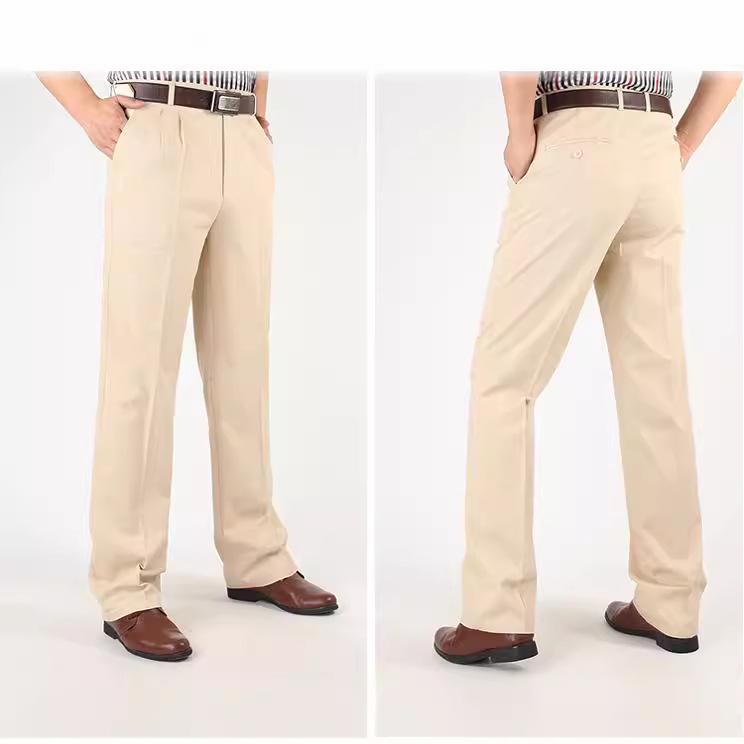Pantaloni Casual de Vară din Bumbac cu Croială Largă pentru Bărbați - Talie Înaltă, Picior Drept, Cu Pliuri Duble pentru Bărbați de Vârstă Mijlocie și Vârstnici