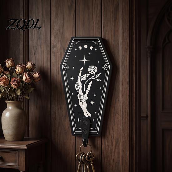 Entrance Hall Storage Halloween Gothic Wooden Wall Hook with Moon Star Skeleton Patterns, Decorative Retro Key Hanger for Bedroom Accessory