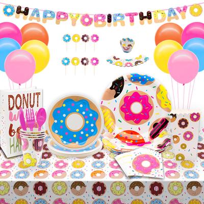 Donut Party Tableware Theme Disposable Paper Plate Set Children'S Birthday Flag Tablecloth Party Decoration Supplies
