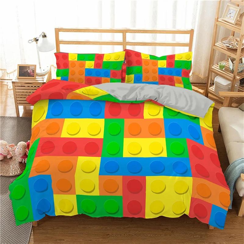 Colorful Toy King Queen Duvet Cover 3D Building Block Pattern Bedding Collection Fun Brick Quilt Cover Gradient Rainbow Comforter Cover