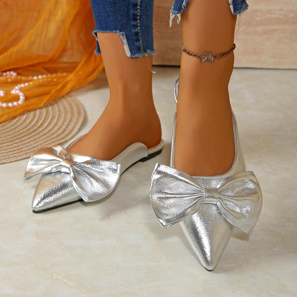Fashion Women Slippers Luxury Pointy Bow Sandals Bowknot Slingback Pointed Toe Slippers Slip on Low Heels Casual Shoes Slides Women