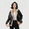 Womens Faux Leather Jacket With Fur Collar Winter Warm Thick Lined Short Coat Elegant Casual Outerwear