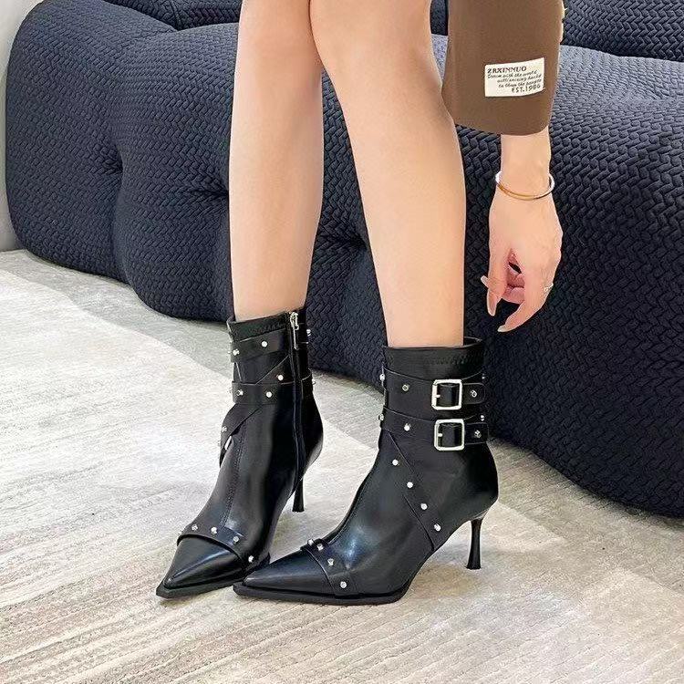 Rivet belt buckle pointed high-heeled short boots women's 2025 autumn new fashionable versatile soft leather single boots