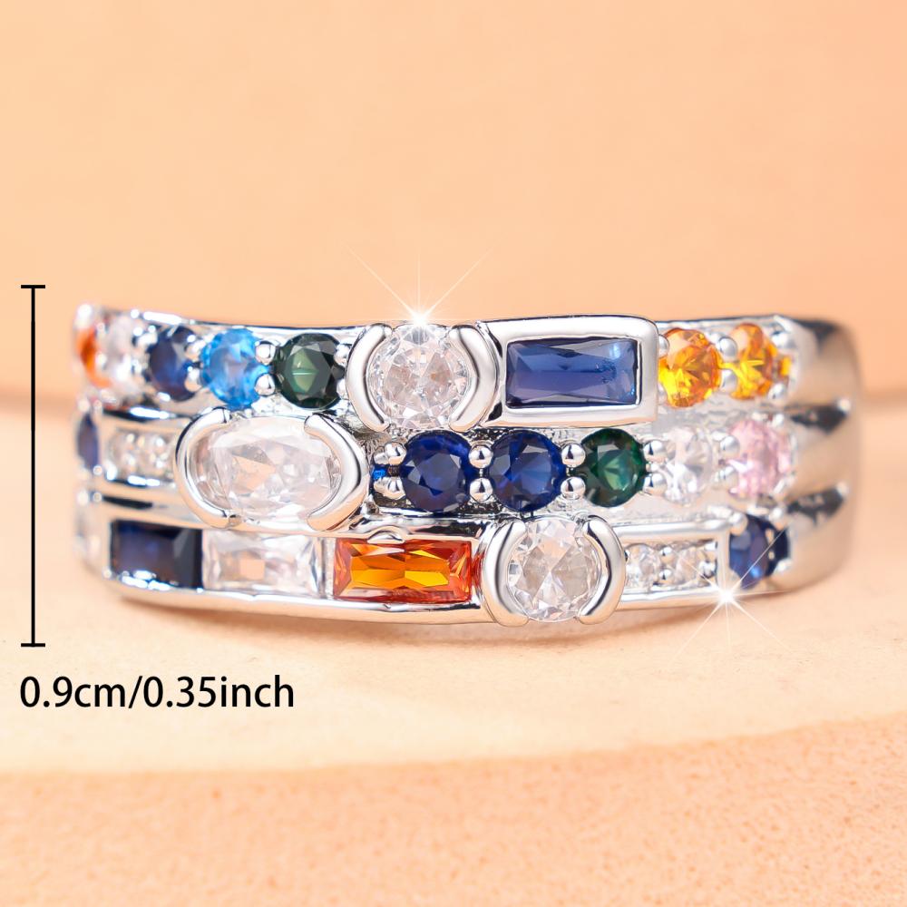 Trendy Silver Ring Multi Color Zircon Mixed Cut Stackable Finger Jewelry for Women