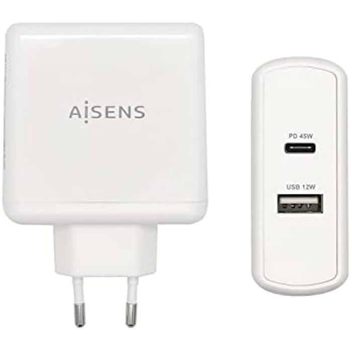 AISENS - ASCH-2PD45A-W - Chargeur PD 3.0 45W 1XUSB-C, 5V/2.4A 12W 1XUSB-A, 57W, Blanc
