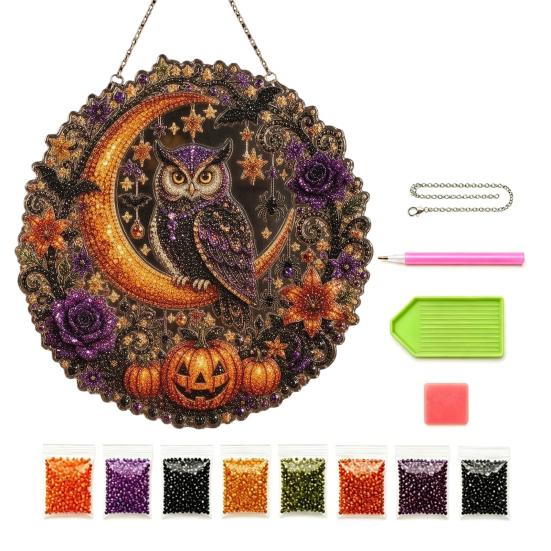 Halloween Diamond Painting Kits Ghost/Owl Art Hanging Ornament Kit, Festive Window Decorations Suncatcher, DIY Pendant Decor Indoor Holiday Decorative