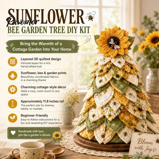 Tischmitte Sonnenblume Biene Baum DIY Bastelset, 3D gestepptes Stoff-Baumwoll-Patchwork-Set, Handgefertigte Tischdekoration für Wohnzimmer Schlafzimmer